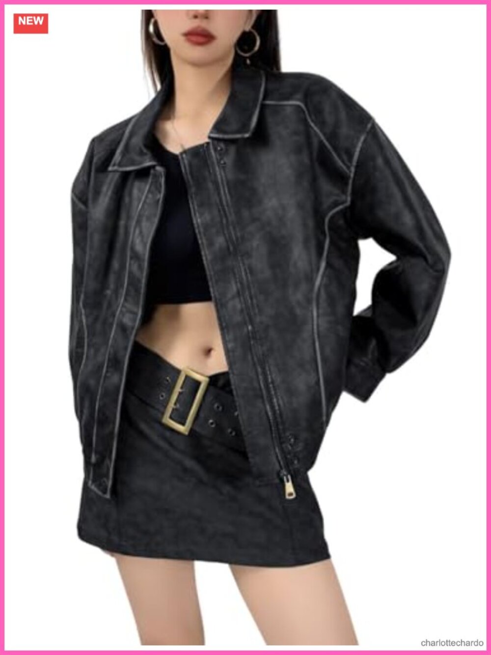 Women's Distressed Faux Leather Bomber Jacket Oversized Motorcycle Zip Up